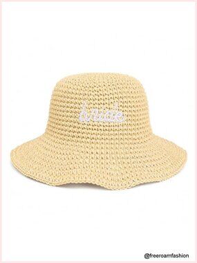 Straw Bucket Hat with Bride Embroidery Adjustable Foldable Beach Hat